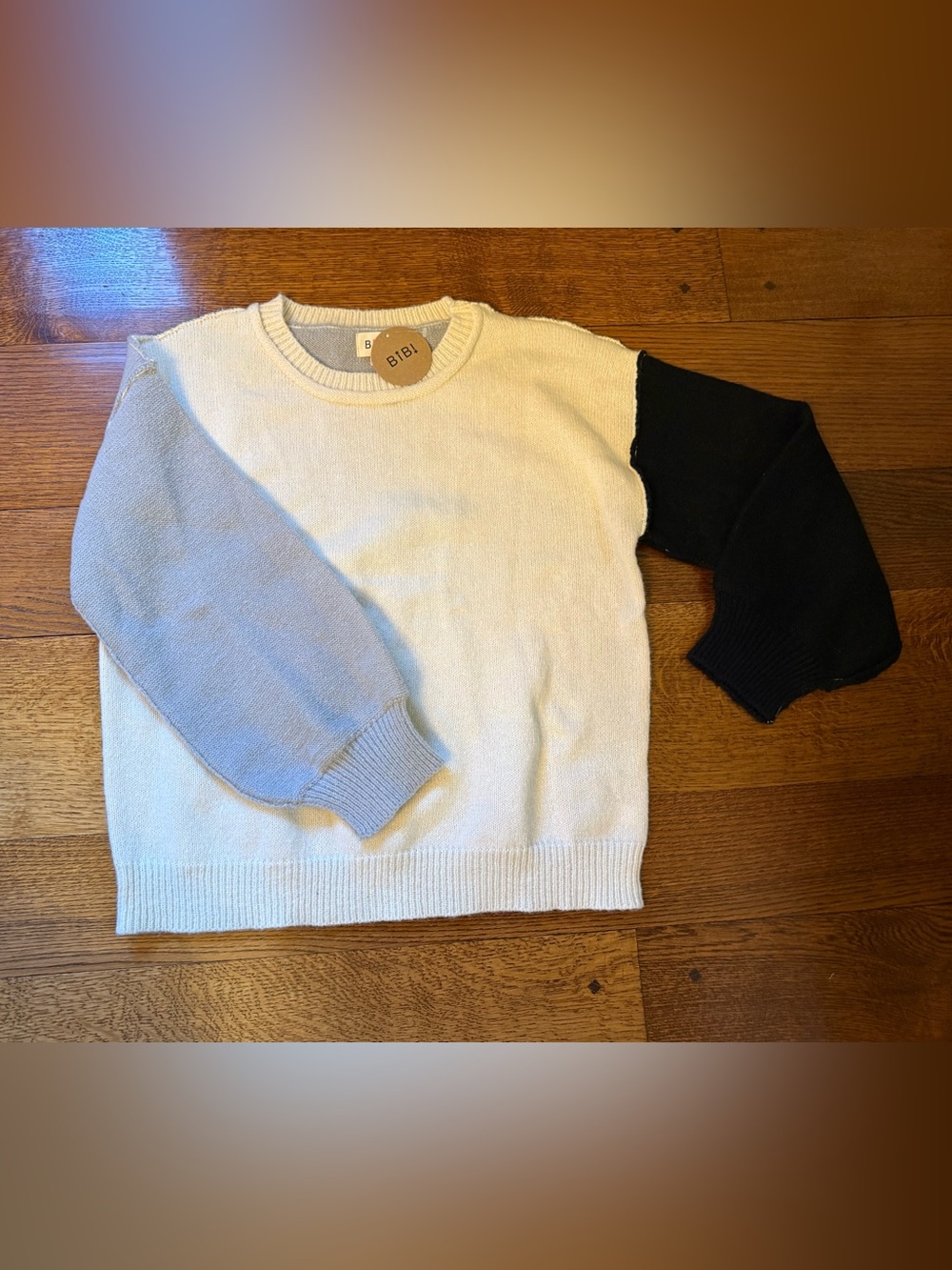 BIBI Colorblock Crewneck Sweater - Cream, Grey & Black Sleeves